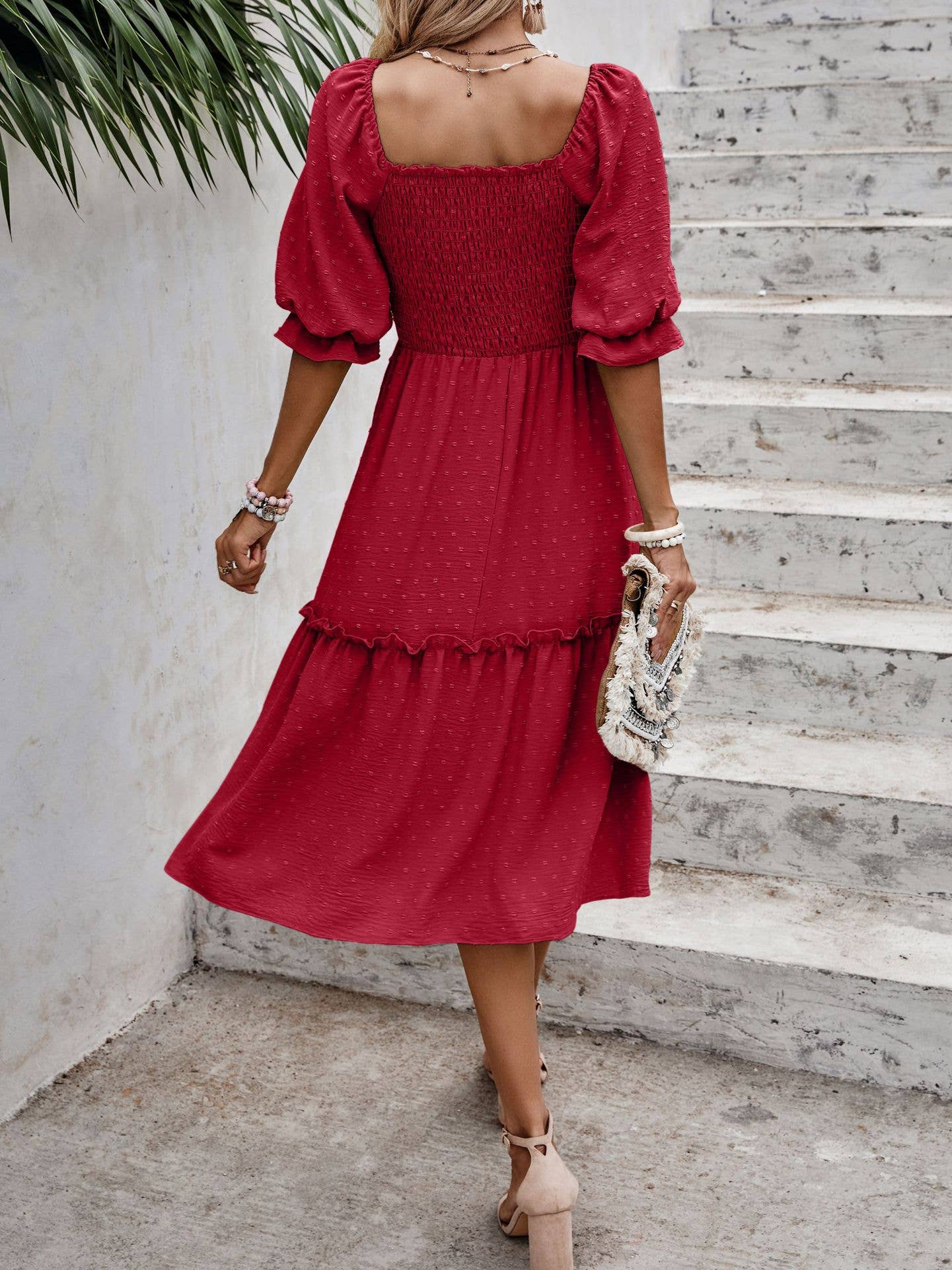 eLook – Großhandel Kleid – Damen – SZ1-DR6227 Swiss Dots Gemustertes Midikleid mit halben Ärmeln24