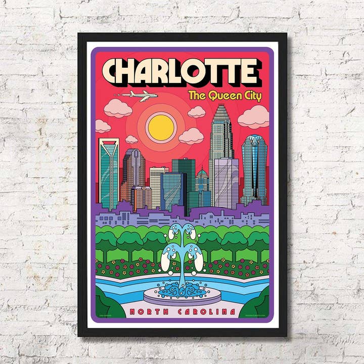 Poster decorativo da parete con stampa artistica dello skyline di Charlotte, regalo per la vendita all'ingrosso da parte di Red Robot Design & Illustration