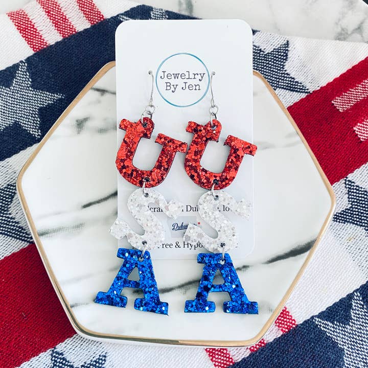 U.S.A. Earrings - Chunky Glitter for wholesale by Jewelry By Jen