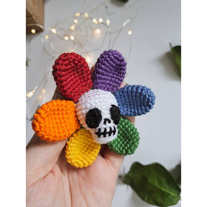 Crochet Rainbow Skull Flower, Halloween Goth Skull Ornament for wholesale by TOMOPOD LLC
