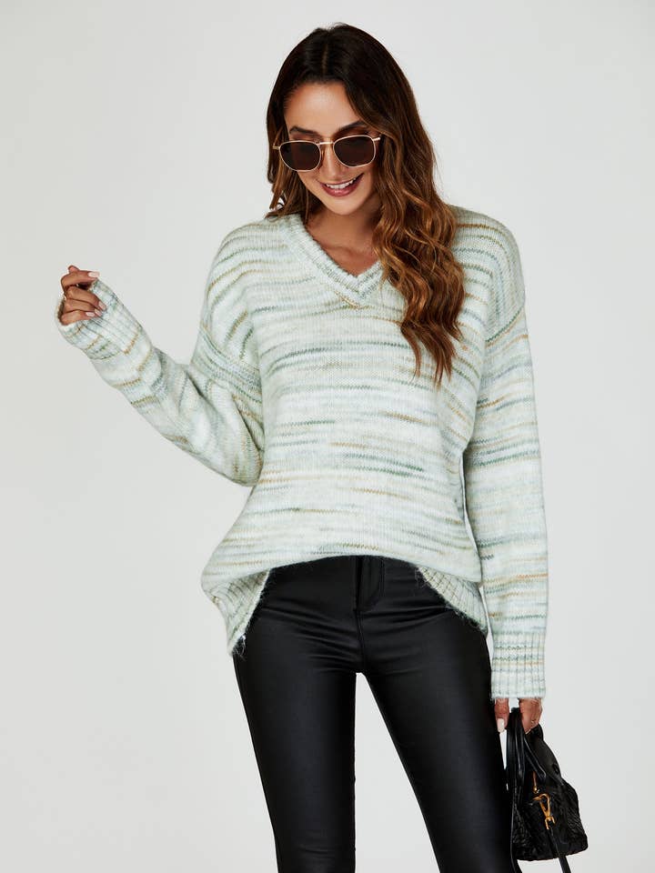 FS Collection (Germany) - Wholesale Knit Sweater - Women's - Relaxed Multi Knitted V Neck Jumper in Green und Cream0