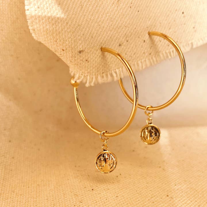 GoldFi - Wholesale Hoop Earrings - 18k Gold Filled Saint Benedict C Hoop