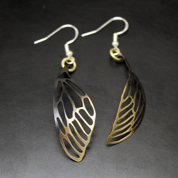 Dragonfly wings, brass and silver earrings for wholesale by Plataica