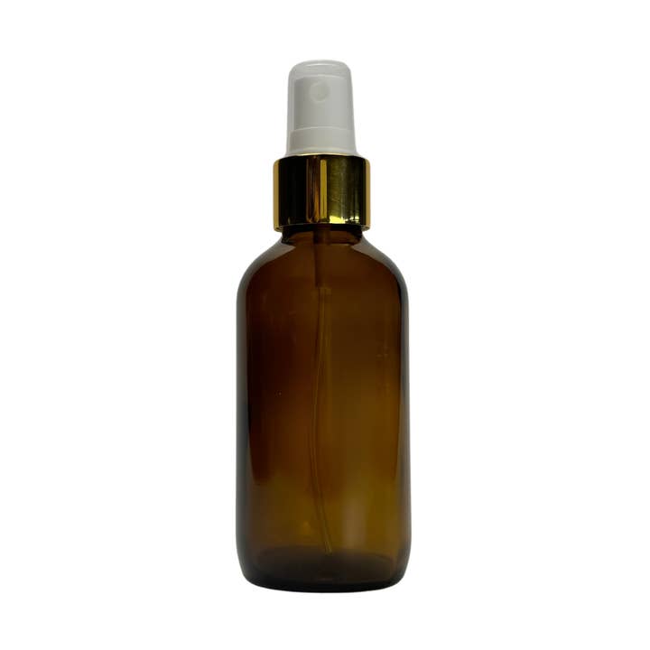 4oz Amber Glass Bottle with Gold Fine Mist Sprayer for wholesale by The Bottle Shoppe
