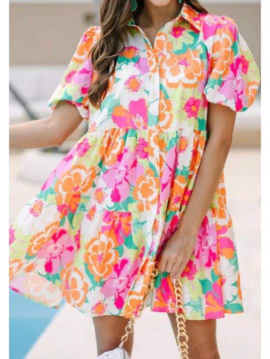 Crossed Arrows Clothing Wholesale co. - Wholesale Dress - Women's - Puff Sleeve Collar Buttoned Babydoll Dress