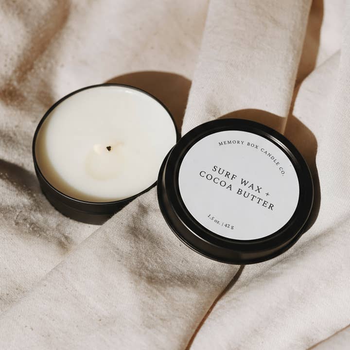 Bougie en cire de soja - Cire de surf + Beurre de cacao - Boîte de voyage de 1,5 oz pour la vente par Memory Box Candle Co.
