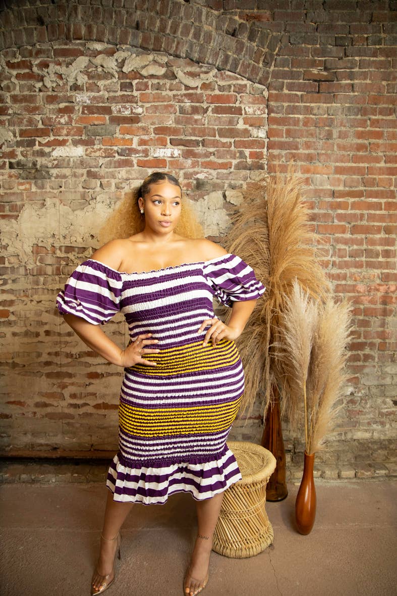 Besida - Wholesale Dress - Women's - Angelonia Striped Smocked Women's Midi Length Dress5