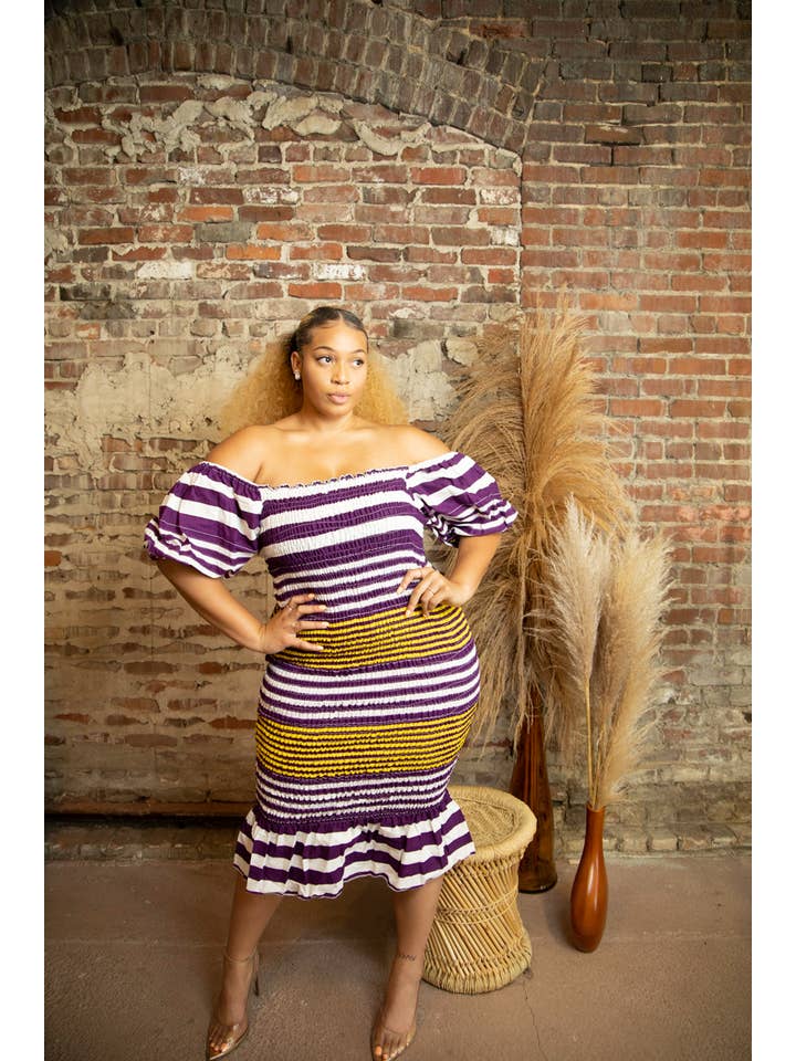 Besida - Wholesale Dress - Women's - Angelonia Striped Smocked Women's Midi Length Dress5