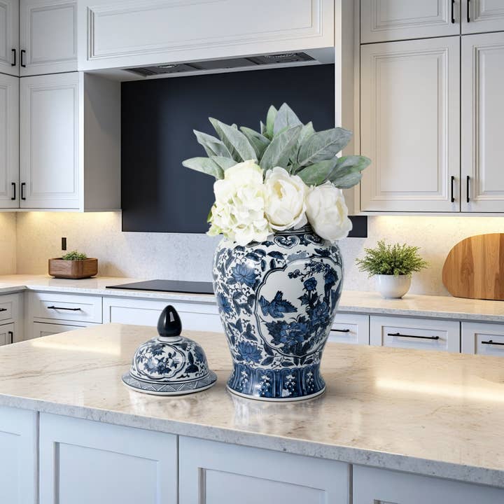 Decorative Vase - Blue Ceramic Flowers Temple, 19 in. for wholesale by Sagebrook Home