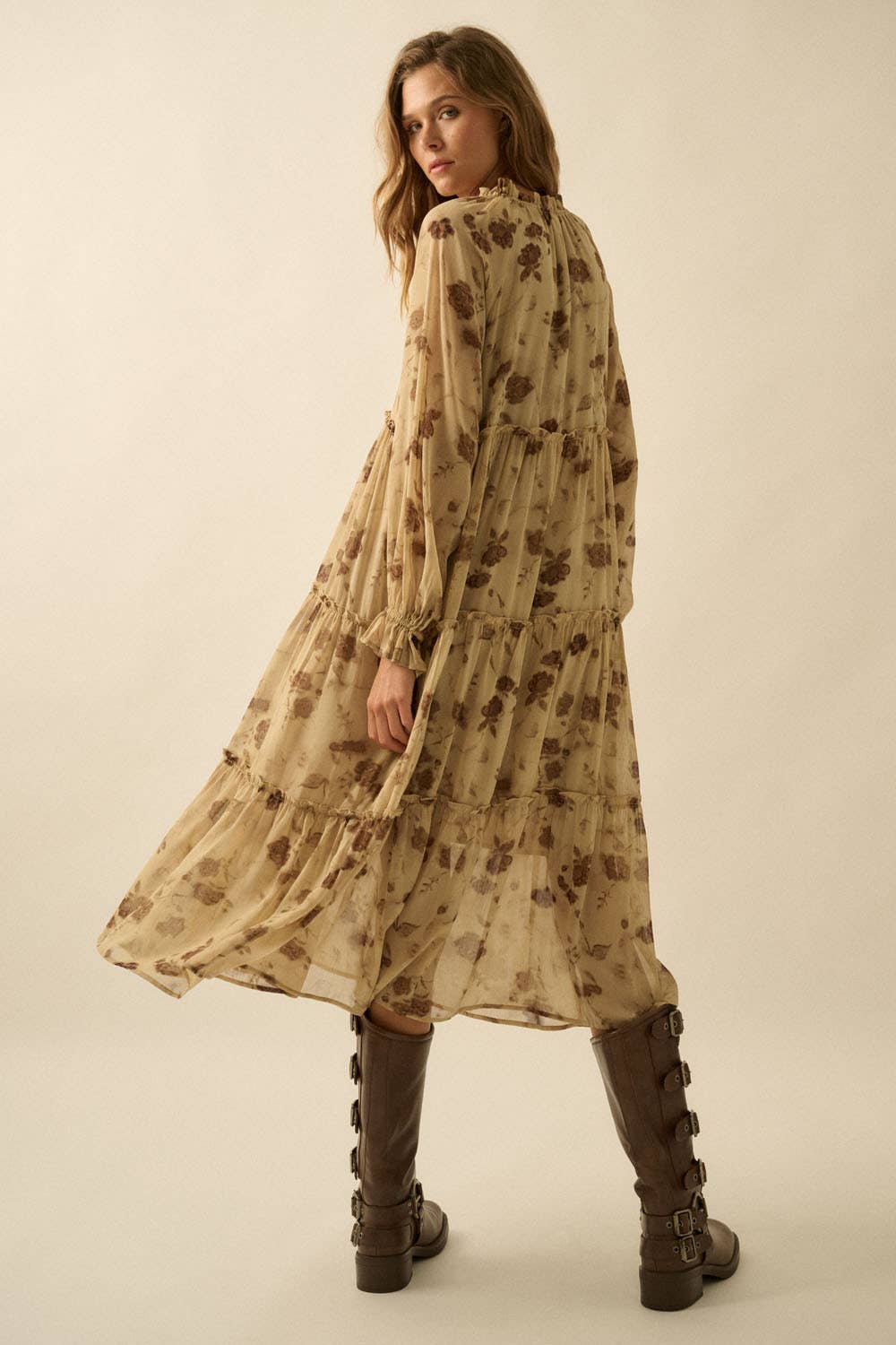 Sand Floral Chiffon Tiered Ruffle Midi Prairie Dress for wholesale on Faire8
