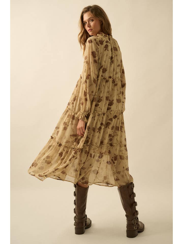 Sand Floral Chiffon Tiered Ruffle Midi Prairie Dress for wholesale on Faire8
