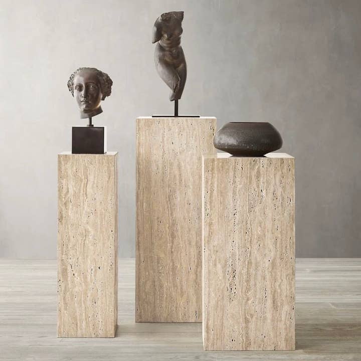 HAAND Craft - Wholesale Decorative Tabletop Object - Manarola Pedestal Table in Natural Stone Travertine, Display