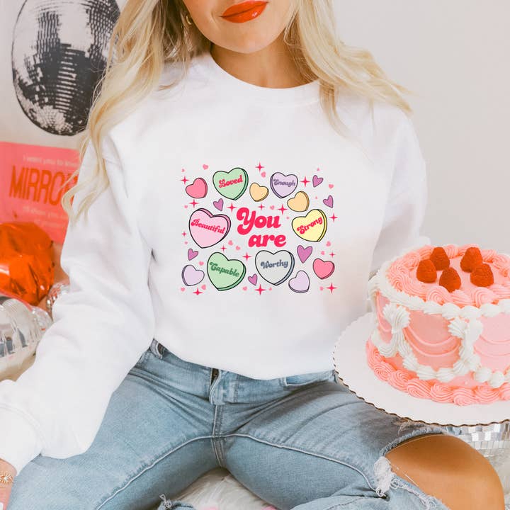 Inspiration Conversation Hearts Valentine Graphic Sweatshirt for wholesale by OliviaGrace & Co.
