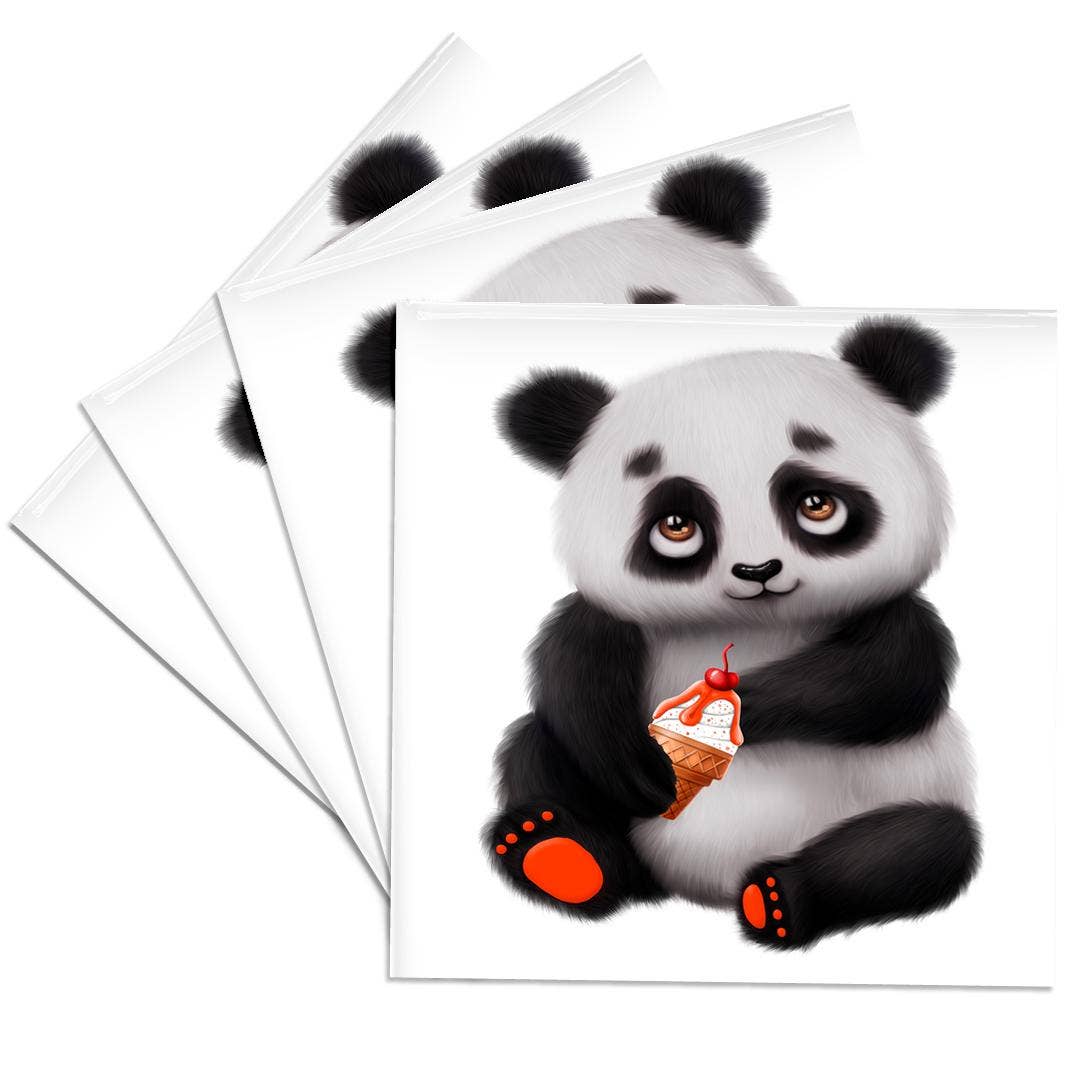 3dRose - Vente Sous-verre - 3dRose, Illustration mignonne d'un panda noir et blanc avec un cornet de glace, Dessous de verre0