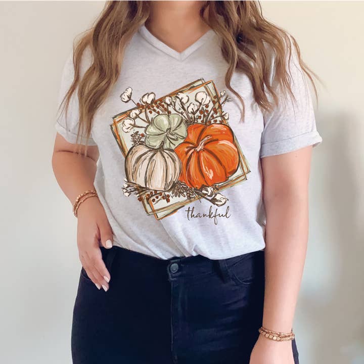 Thankful Chalk Pumpkins Fall Tee for wholesale by Painted Skies