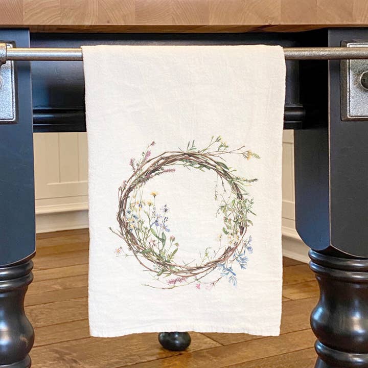 Wildflower Wreath - Spring Cotton Tea Towel for wholesale by North & Pine