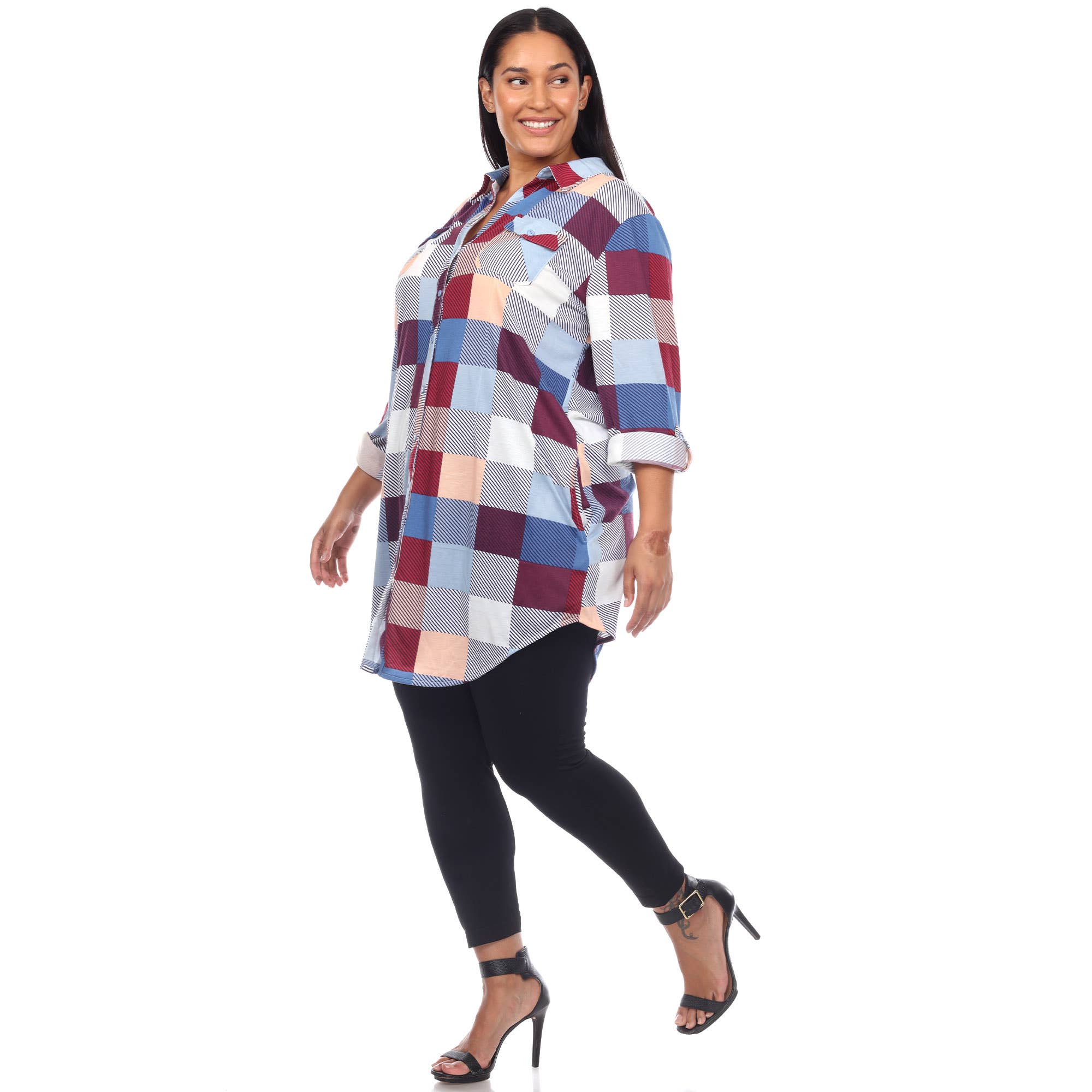 WHITE MARK - Wholesale Button Down Shirt - Women's - Plus Size Plaid Tunic Shirt10