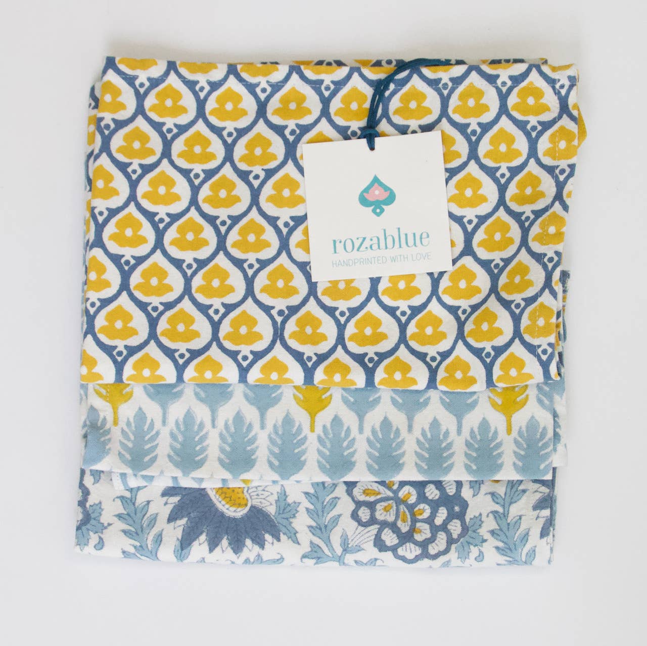 Rozablue - Vente Torchon - Torchon artisanal motif feuilles de curry bleu - 100 % coton1