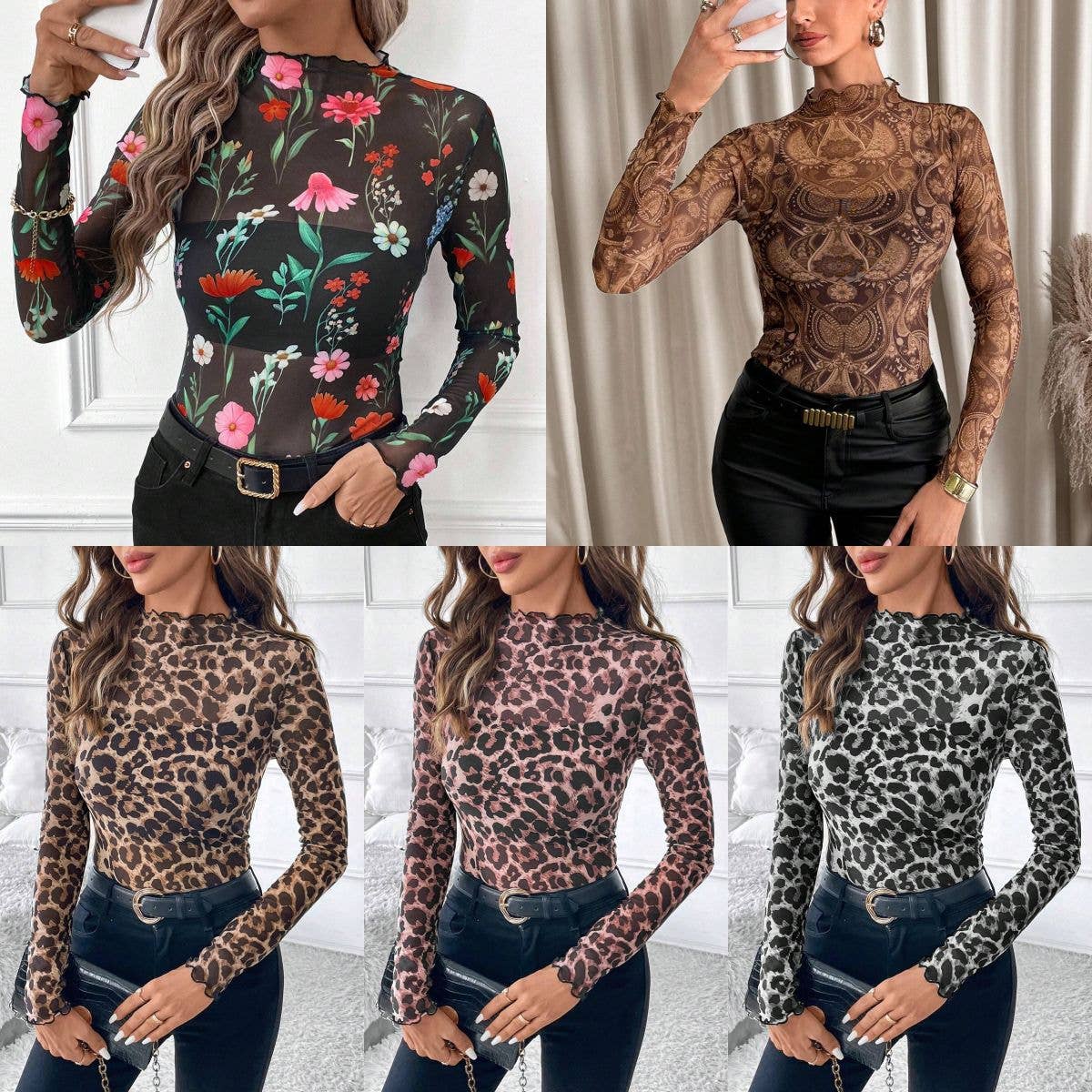 EmberLoom – wholesale Blouse – Women’s – Ruffle Detail Stretch Leopard Print Mesh Long Sleeve Top6