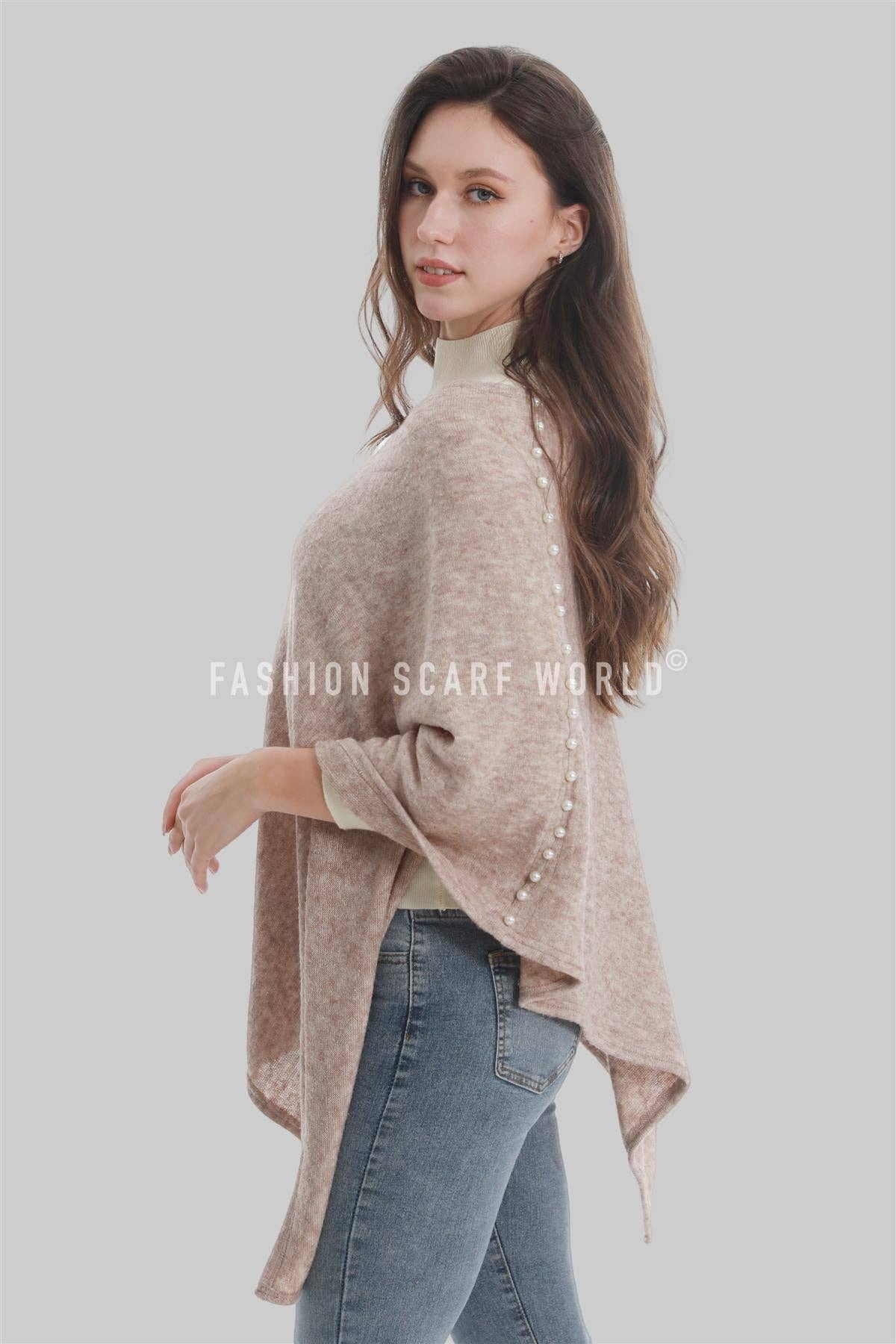 Fashion Scarf World - Wholesale Poncho - Women's - Plain Wool Knit Poncho With Pearl Detailing3