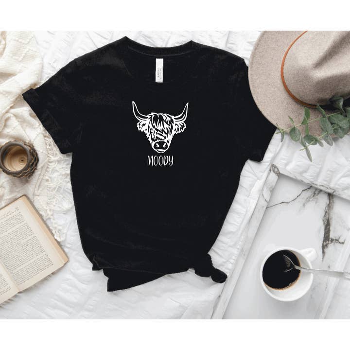 Hunter Kouture - Wholesale Screen Printed T-Shirt - Women's - Moody Cow Tee, Highland Cow Graphic Shirt, Tees with Puns