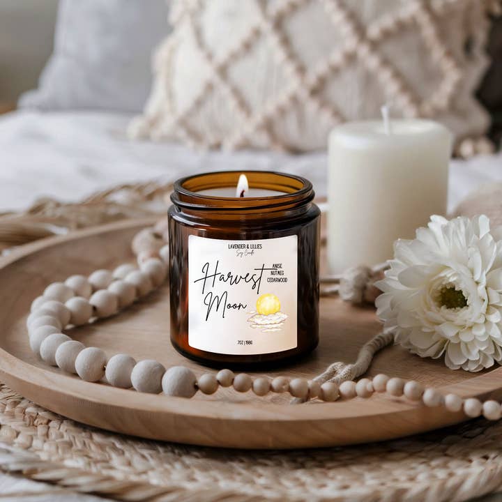 Harvest Moon- Soy Candle- 7oz Amber Glass for wholesale by Lavender & Lillies