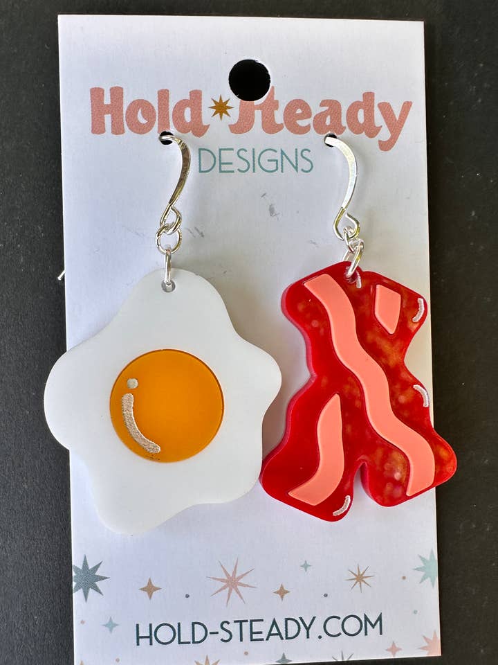 Bacon and Eggs Acrylic Earrings for wholesale by Hold Steady Designs
