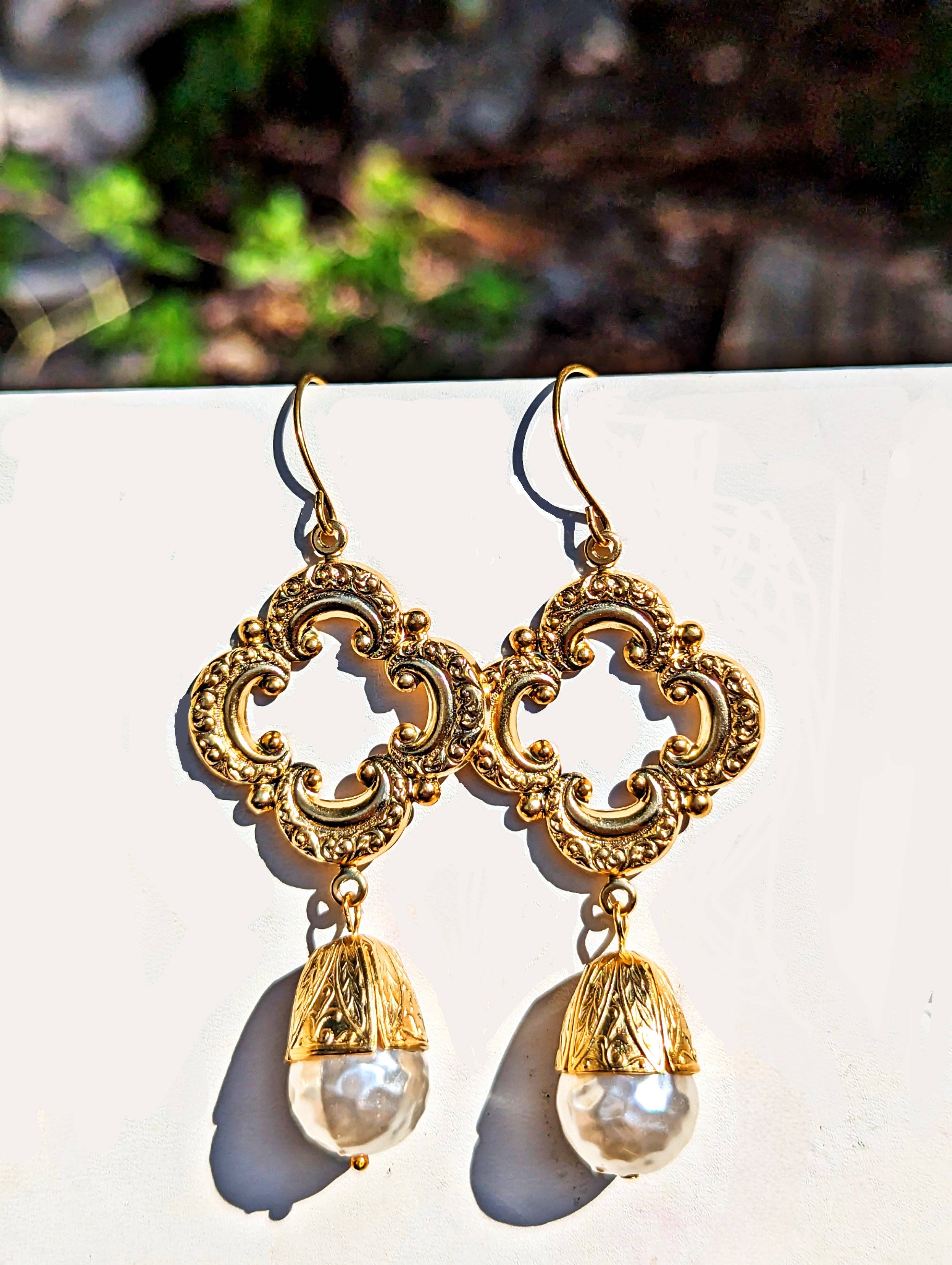 Gay Isber Designs - Wholesale Dangle Earrings - Gold Plated Elegant Vintage Cream Pearl Drop Earrings 3 inch Long USA Made by Sugar Gay Isber unisex-adult Bridal Other colors available2