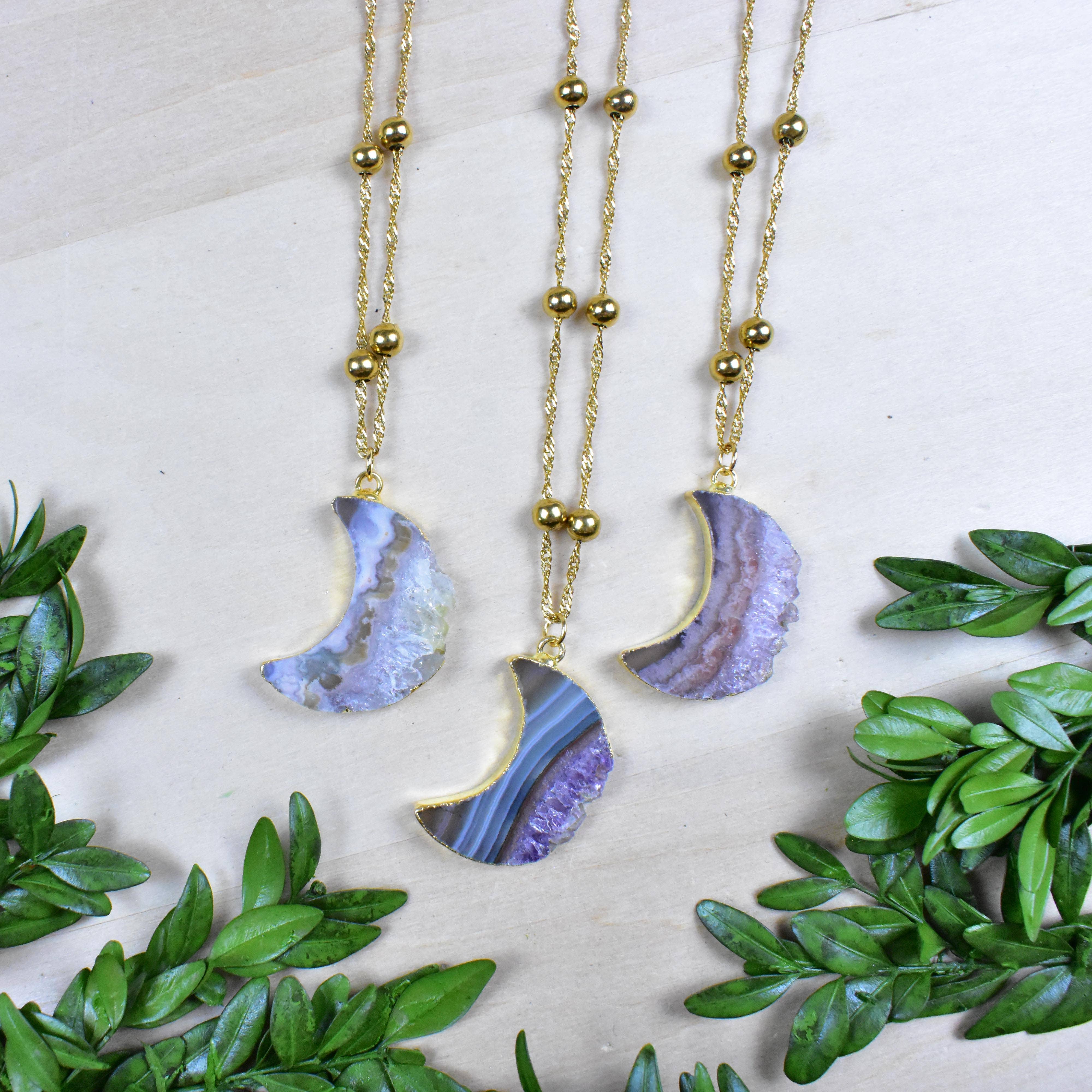Ewelina Pas Jewelry - Wholesale Pendant/Charm Necklace - Gold Crescent Moon Amethyst Slice Necklace5