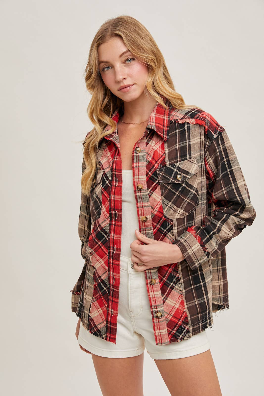 Bluivy - Wholesale Button Down Shirt - Women's - DISTRESSED HEM BUTTON DOWN PLAID SHIRT - 4TH OF JULY12