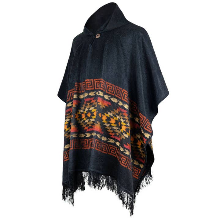 Cutuntza - Lightweight Baby Alpaca Hooded Poncho - Charcoal with Aztec Pattern - Unisex for wholesale by ECUALAMA