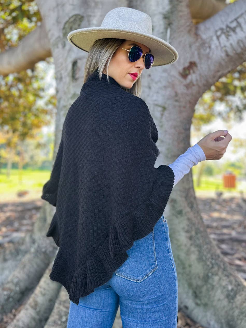 Classic Black Triangle Ruffle Shawl with Faux Leather Buckle for wholesale on Faire6