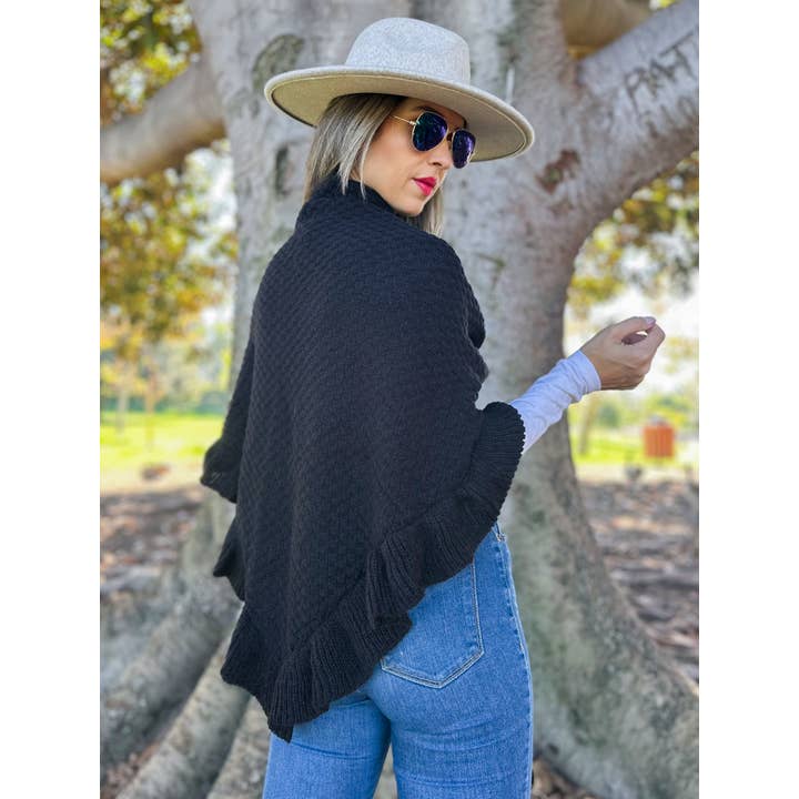 Classic Black Triangle Ruffle Shawl with Faux Leather Buckle for wholesale on Faire6