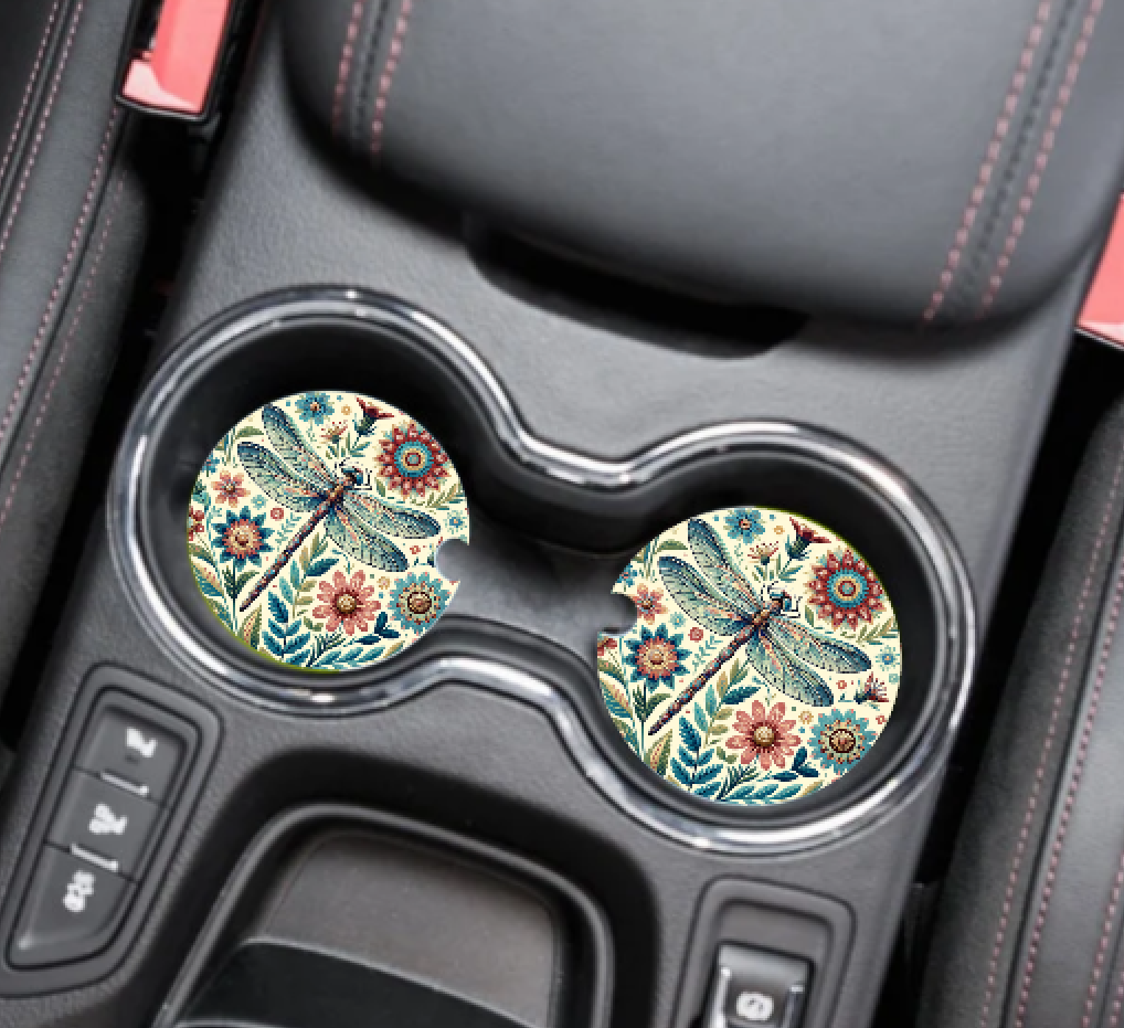 Prairie Chicken Sticker Shop & Gifts - Wholesale Car Coaster - Unisex - Boho Dragonfly Neoprene Car Coaster Set1