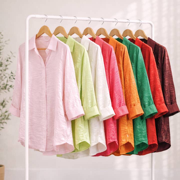 PLUS SIZE SHIMMER 3/4 CUFF SLV JOHNNY CLLR SHIRT for wholesale by Winslow Collection