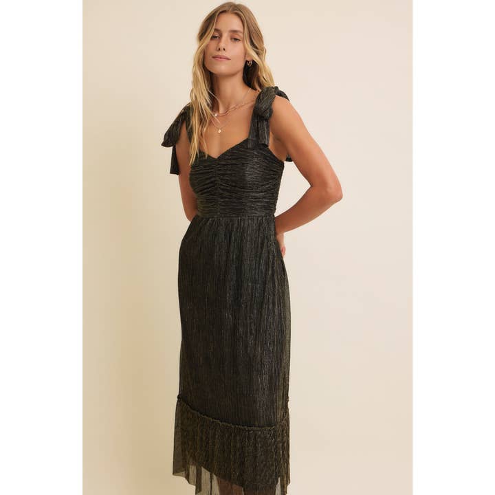 in february - Wholesale Dress - Women's - METALLIC MESH SHOULDER TIE PLEATED MIDI DRESS