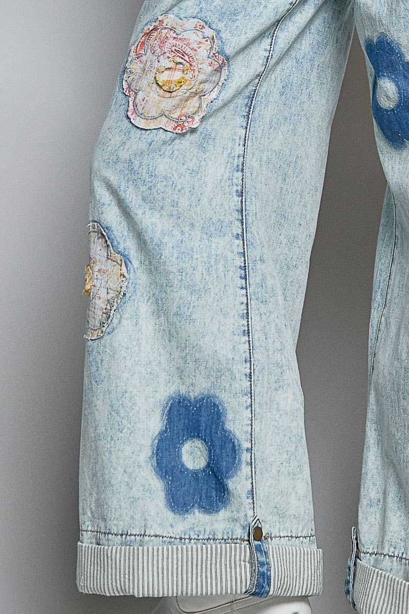 Pol Clothing - Wholesale Pants - Women's - Floral Patchwork Rolled-up Denim Straight Pants14