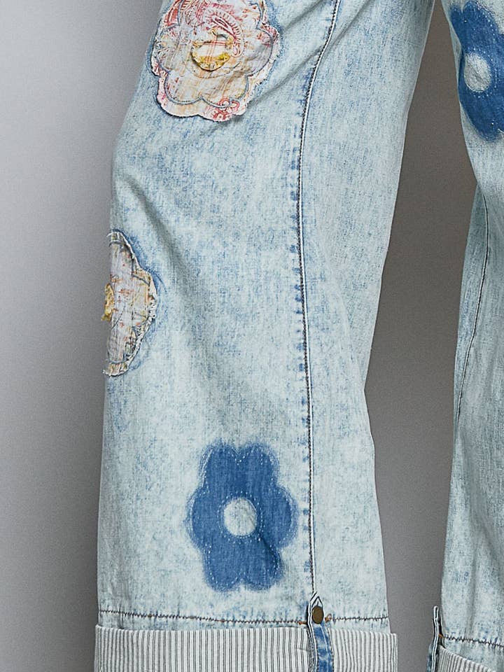Pol Clothing - Wholesale Pants - Women's - Floral Patchwork Rolled-up Denim Straight Pants14