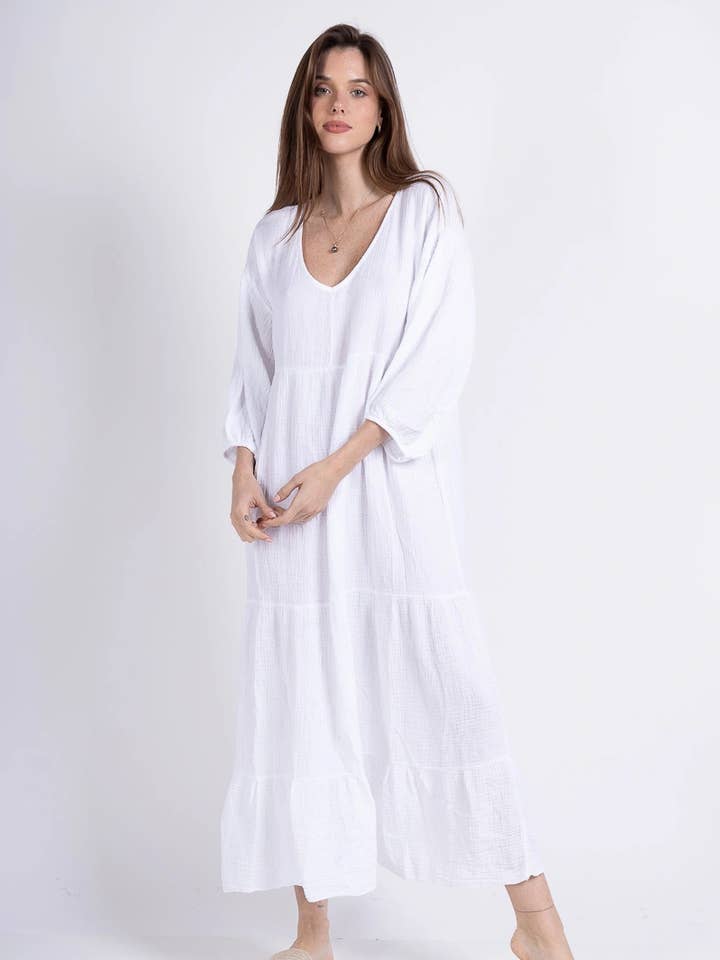 Langes Kleid mit Rüschen aus Baumwollgaze @8699_RLVolantsGaze für den Großhandel von Mimi & Gogo