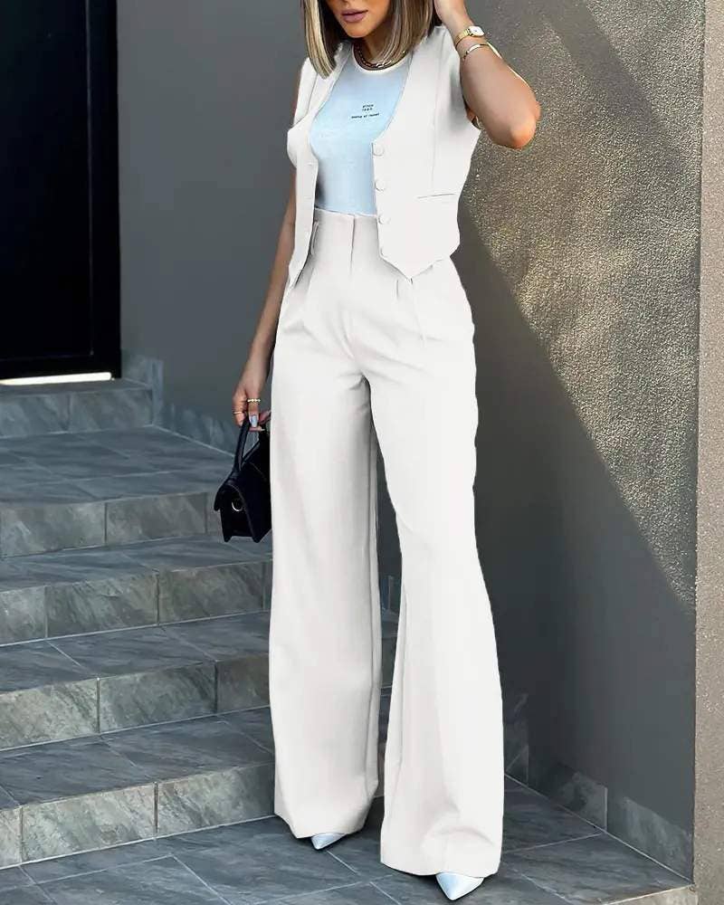 Flarix - Wholesale Top & Pant Set (NOT Loungewear) - Women's - buttoned vest top wide leg pants set16