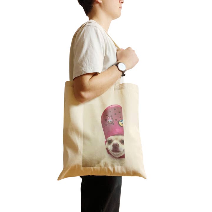 Dog Meme Tote Bag Smiling Dog Funny Bag with Croc on Head for wholesale by ZZZEBRAAA LIMITED