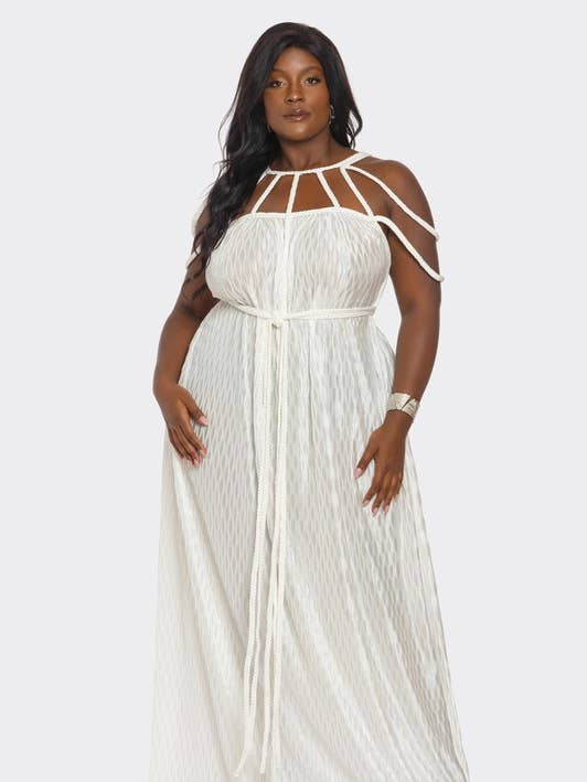 BANJUL - Vendita all'ingrosso Vestito - Donna - HCCD71765 Abito Maxi Taglia Forte con Corda Intrecciata a Pieghe Ondulate6