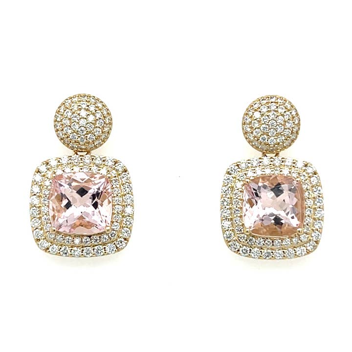 14K Yellow Gold Cushion-Cut Pink Morganite Earrings – 4.13 Carats of Radiant Glamour (PJC34164E) for wholesale by Blue Star Gems NY