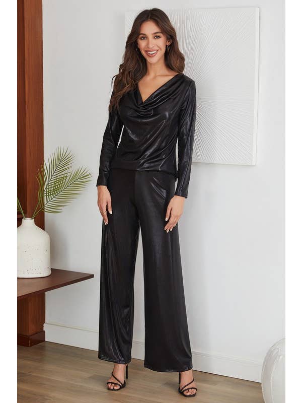 Negro TOP METÁLICO DE MANGA LARGA CON CUELLO VUELTO (7139-METALLIC) de venta al por mayor en Faire1