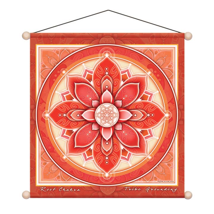 15" X 15" Bannière Méditation Chakra Racine pour la vente par Mandala Arts