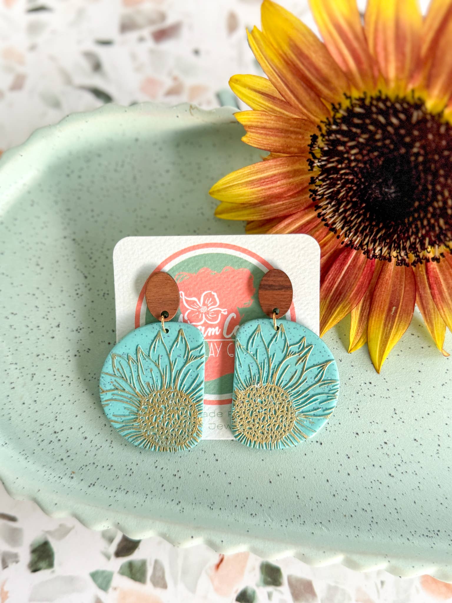 Anam Cara Clay Goods - Wholesale Dangle Earrings - Half Circle Sunflower Drops Polymer Clay EarringS10