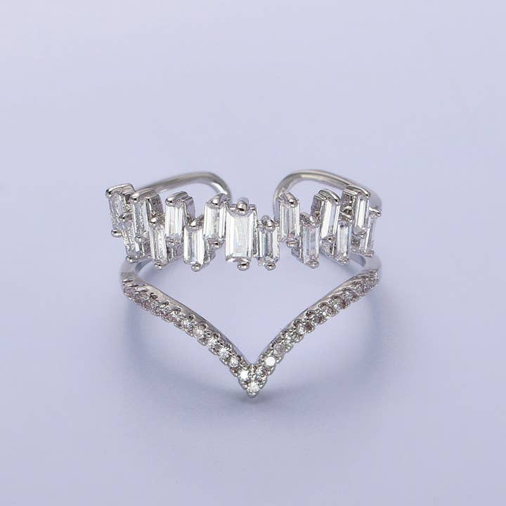 Aim Eternal - Wholesale Multi-Stone Ring - Gold Plated Curve Baguette CZ Diamond Chevron Ring