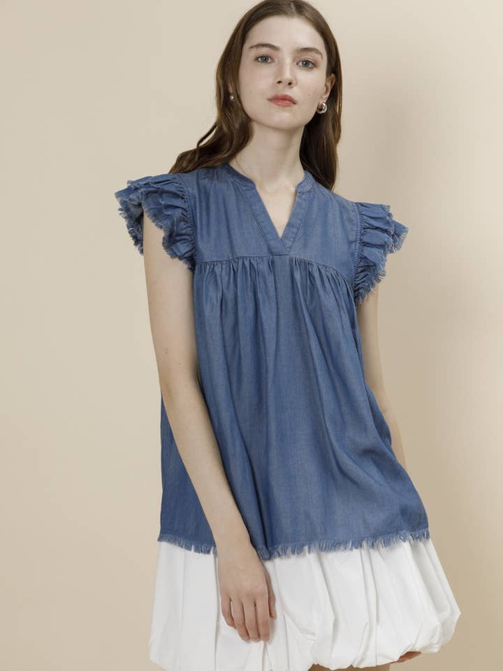 Pre-Washed Tencel Denim Frayed Ruffle Cap Sleeve Top for wholesale by A & SHE