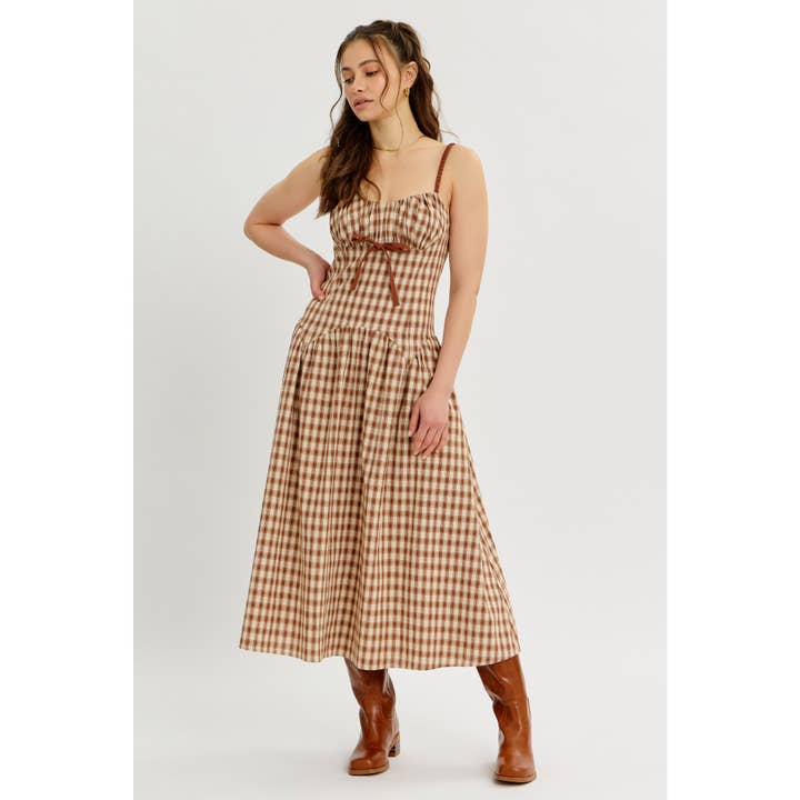 idem ditto - Wholesale Dress - Women's - PLAID MIDI DRESS WITH RUCHED BUST AND OPEN BACK21