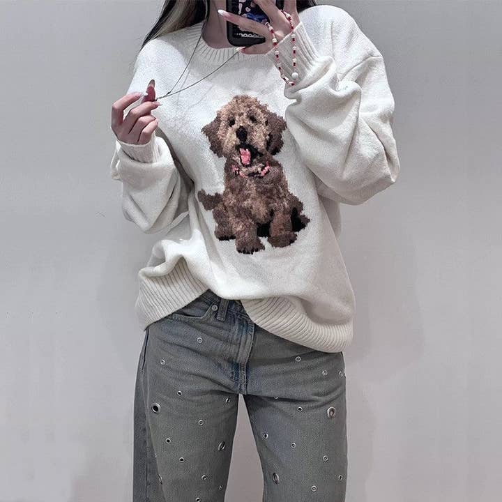 WHITE Puppy Print Loose Pullover Sweater for wholesale on Faire2